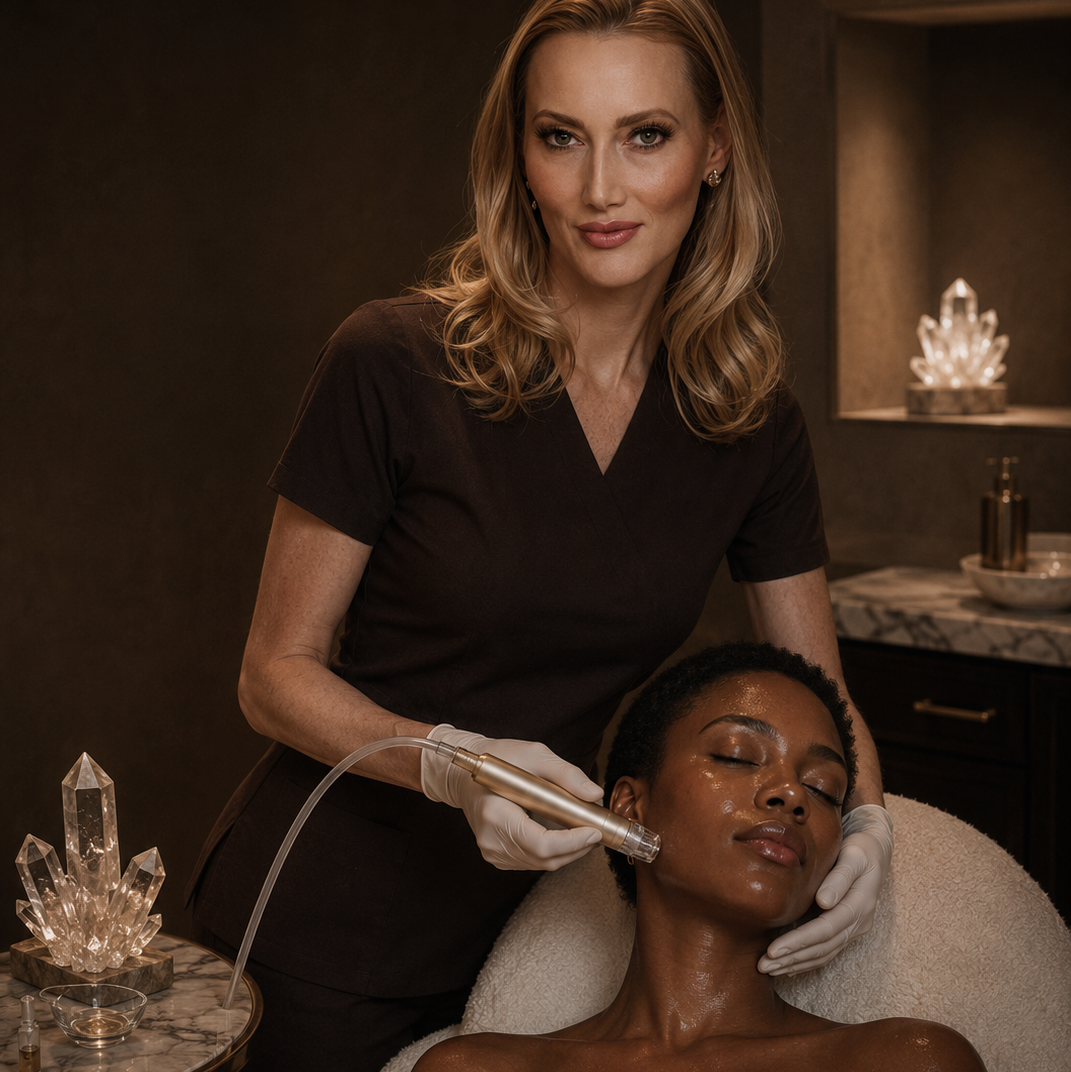 A spa treatment with a licensed Aesthetician & Laser Technician Krystle Kelley, a beautiful woman receiving a facial treatment. The setting is a dimly lit spa room with warm lighting, marble surfaces, and decorative crystal-like objects.