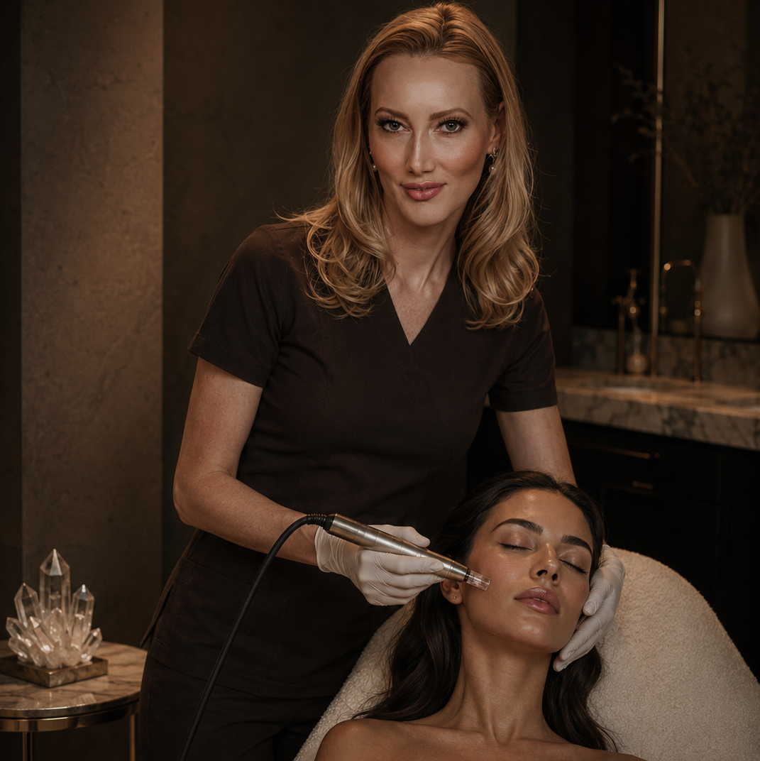 A spa treatment scene with licensed Aesthetician & Laser Technician Krystle Kelley in a dark scrub top giving a microneedling facial to a client's face while the client rests wrapped in a white towel in a dimly lit treatment room.