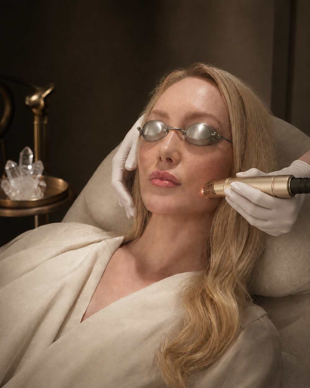 A woman reclining in a spa-like setting wearing silver tinted glasses and white gloves, while a gold handheld device is applied to her cheek by a practitioner laser technician Krystle Kelley